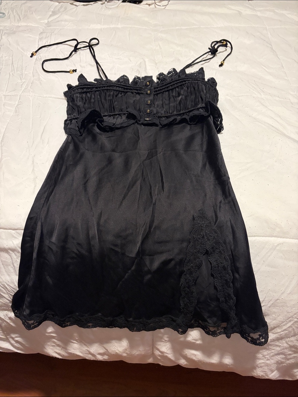 Fillyboo. XS. Black Lace-Trim Satin Minidress.